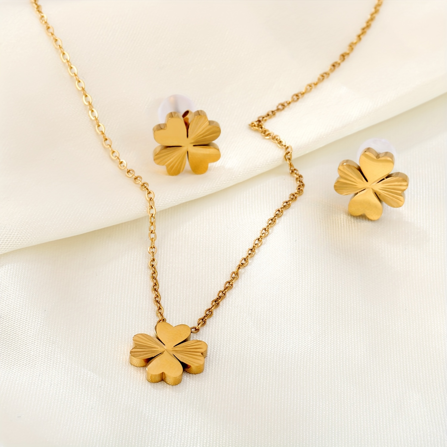Stainless Steel Golden Four Leaf Clover Pendant Necklace and Earrings Set